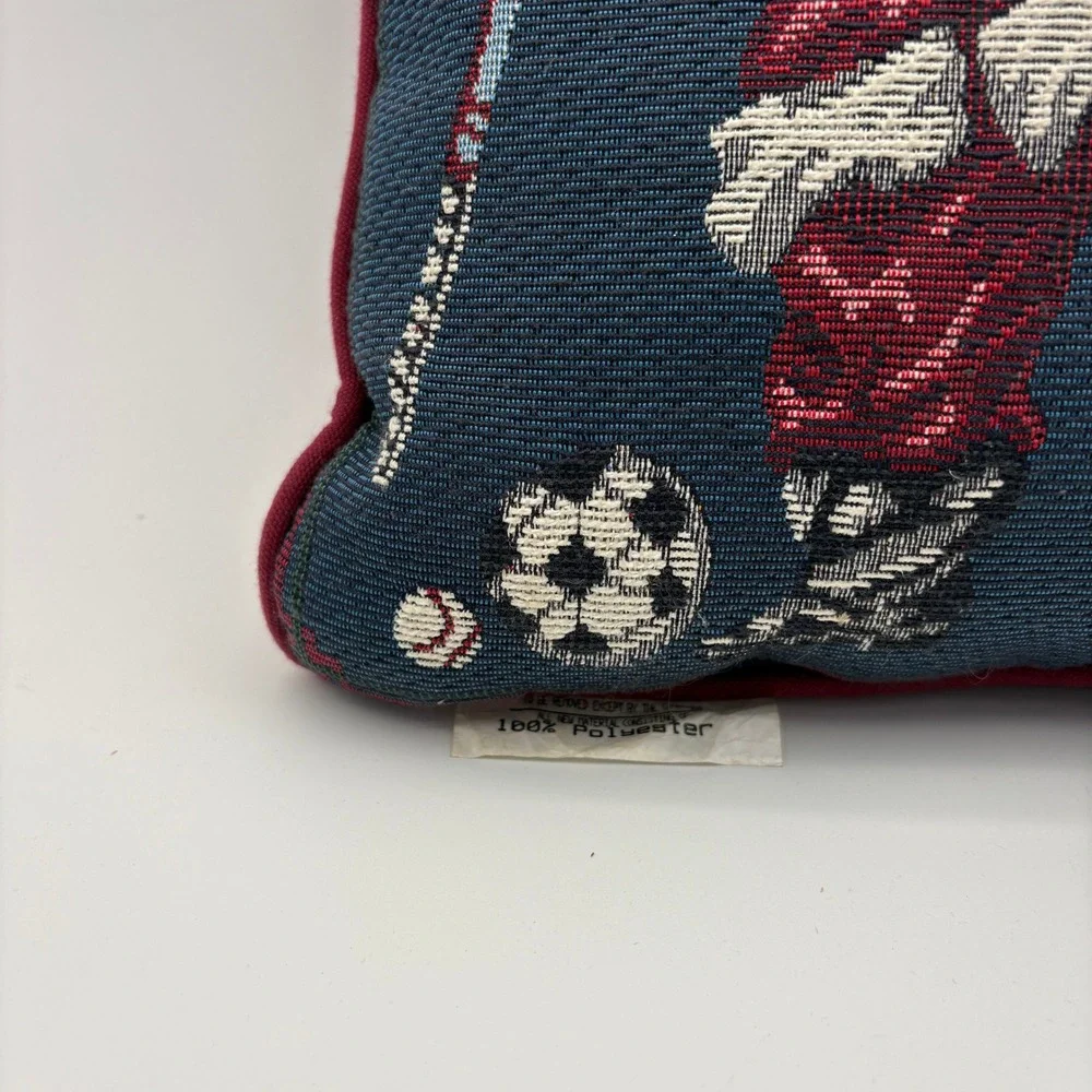 Vintage‎ Woven Tapestry Sports Santa Christmas Decorative Pillow Blue Burgundy